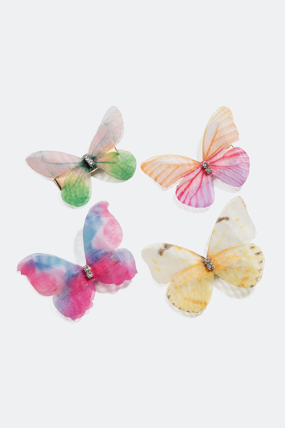 Guldfarvede hårspænder med sommerfugle i forskellige farver, 4-pak i gruppen Håraccessories / Spænder & klemmer / Hårspænder hos Glitter (335001104400)