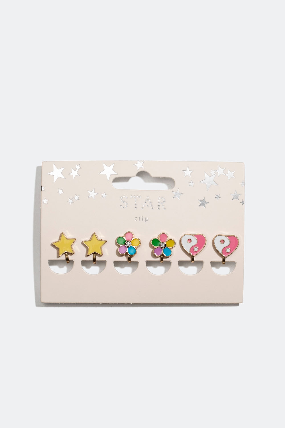 Clipsøreringe med stjerner, blomster og hjerter, 3-pak i gruppen Børn / Børnesmykker / Børneøreringe hos Glitter (402000039900)